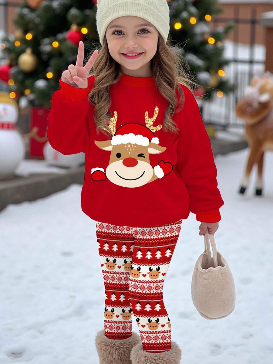 SHEIN 2 件套年轻女孩休闲圣诞可爱卡通驯鹿印花红色喜庆圆领长袖运动衫和紧身裤套装，适合秋冬季 - 彩色 - 查看 1