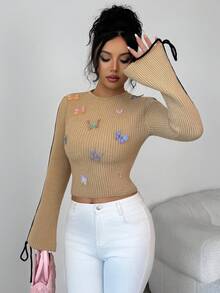 SHEIN Elenzya 女士优雅蝴蝶装饰针织毛衣上衣，适合工作、商务休闲、派对、秋冬 - 彩色 - 查看 5