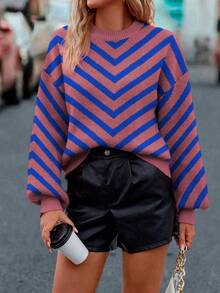 SHEIN LUNE Suéter de cuello redondo casual y versátil de manga larga con estampado de rayas para mujer - Color caoba - Ver 5