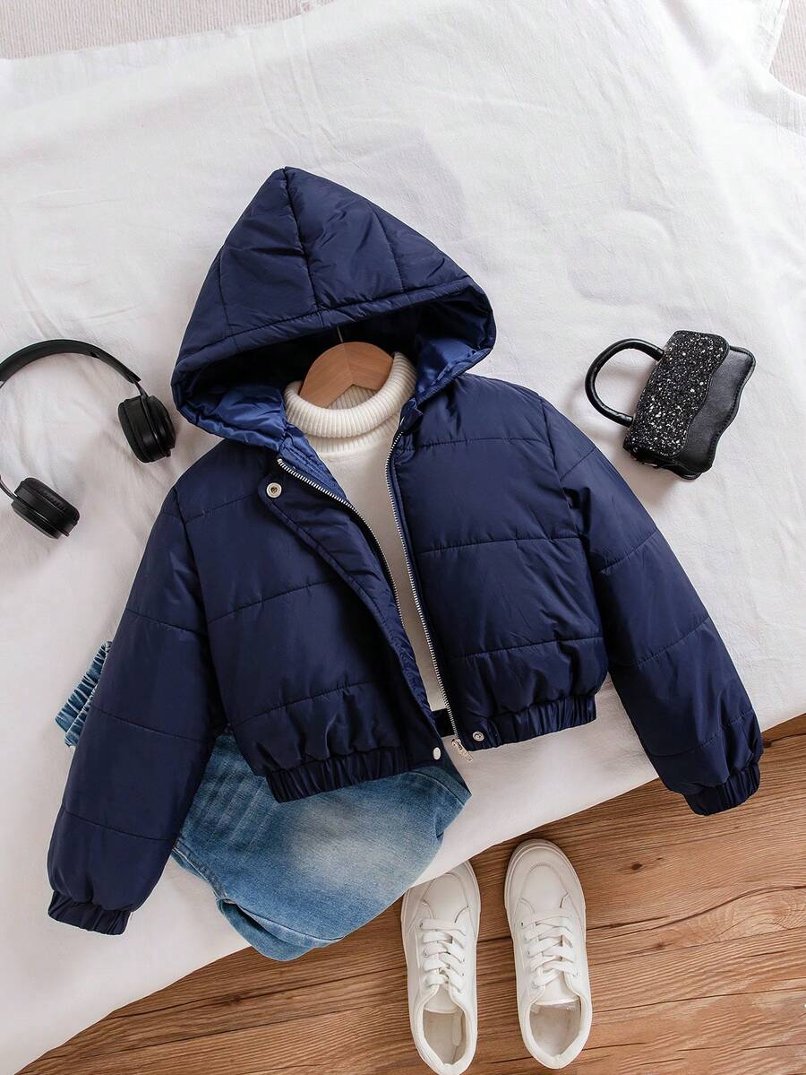 Chaqueta casual con capucha de invierno de unicolor y cremallera delantera de manga larga para niña preadolescente - Azul - Ver 1