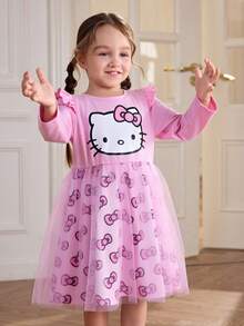 HELLO KITTY AND FRIENDS | SHEIN Young Girl Sweet Cute Print Round Neck Long Sleeve Mesh Bow Allover Print Flared Hem Knit Pink Dress - Pink - View 1