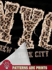 SHEIN EZwear 休闲简约纽约豹纹英文字母卫衣，适合秋冬季节穿着，猎豹纹上衣，豹纹上衣 - 彩色 - 查看 3