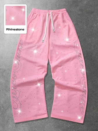 Street Life Pantalón de chándal de pierna recta con texto en inglés y strass, estilo streetwear unisex