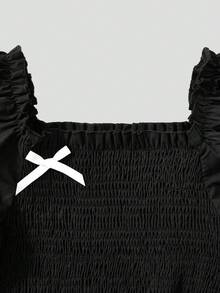 少女优雅黑色中长连衣裙，方领泡泡袖，蝴蝶结腰部褶皱连衣裙，适合家庭聚会、派对和日常穿着 - 黑色 - 查看 4