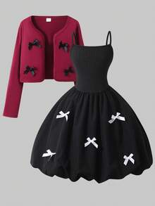 SHEIN ChillGRL Tween Girls' Retro Elegant Black Bow Cardigan And White Bow Strap Puff Strap Dress Set  Autumn/Winter  Princess Halloween/Christmas Party  Dresses Butterfly Outfit Black Outfits - Black - View 4