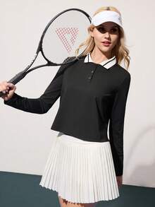 CourtClass 女式撞色领长袖运动 Polo 衫 - 黑色 - 查看 3