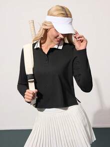 CourtClass 女式撞色领长袖运动 Polo 衫 - 黑色 - 查看 4