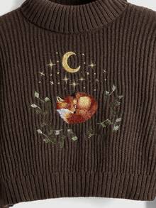 ROMWE Fairycore Áo len cổ cao thêu hình cáo hở vai thường ngày cho nữ, Thu/Đông - màu nâu - Xem 2