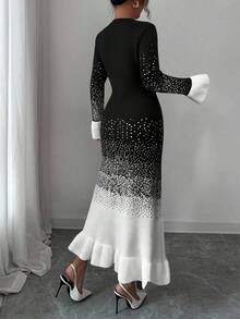 Elenzga Robe pull mi-longue en tricot pour femme, nouvelle collection automne/hiver, col rond, motif ombré, ourlet et poignets à volants, élégante, à la mode, décontractée, ajustée - Noir - Voir 4