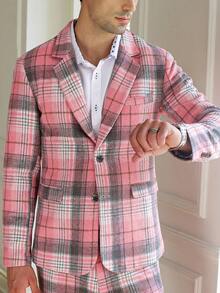 Calvornis Men's Plaid Lapel Collar Blazer And Pants Business Formal Set, Autumn Winter Brunch Wear - Pink - View 6