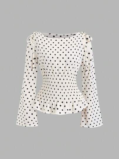 Sweetra New Autumn/Winter French Elegant Fashion Polka Dot Shoulder Bowknot Waist Slimming Casual Commute Versatile Bell Sleeve Women Blouse