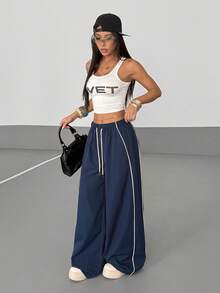 StreetHx Women's Contrast Trim Loose Fit Casual Sports Pants - Navy Blue - View 3