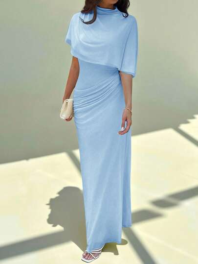 Aloruh Elegant Minimalist Commuter Fashion Elastic Waist Design Multilayer Ruffle Waist Ruffle Flattering Long Dress, Suitable For Work, Date, Vacation,Dresses For Women Elegant