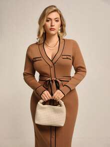 Juhart Vintage Elegant Khaki Color-Blocking Knit Waist Dress,V-Neck Metal Button Retro Black Autumn Formal Dress With Waist Belt For Women Winter - Coffee Brown - View 4