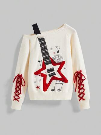 Grunge Punk Suéter de mujer casual, de moda callejera, sexy, con cuello asimétrico, bordado de guitarra, manga raglán de color contrastante y cordón, para otoño/invierno