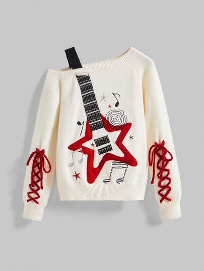 Grunge Punk Suéter de mujer casual, de moda callejera, sexy, con cuello asimétrico, bordado de guitarra, manga raglán de color contrastante y cordón, para otoño/invierno