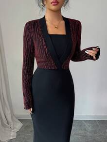 Modelyn Women's Splice Foil Striped Long Sleeve 2 In 1 Fitted Elegant Luxurious Dress - Red - View 4