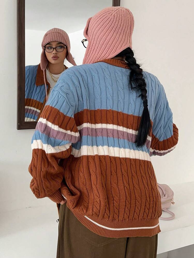 Dazy Plus Plus Size Women Casual Colorblock Turndown Collar Zip-Up Knit Cardigan Sweater, Autumn/Winter