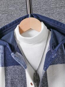 Genkimix Kids Young Boys' Fashionable Single Jacket, This Is A Woven Thick Plaid Patchwork Knit Fleece Hoodie Sweatshirt Jacket With Simple Elegant Button Design, Convenient To Wear, Suitable To Pair With Jeans Or Casual Pants, Suitable For Autumn/Winter, Daily Wear, School, Travel - Blue and White - View 8