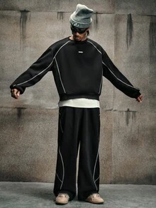 AXEPEAK Men's Casual Contrast Stitching Black Sweatshirt & Pants Set, For Winter - Black - View 4