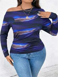 EMERY ROSE Plus Size Casual Tie-Dye Print Asymmetrical Neck Long Sleeve T-Shirt, Suitable For Spring And Autumn Graphic Tees, Women Tops For Spring - Navy Blue - View 4