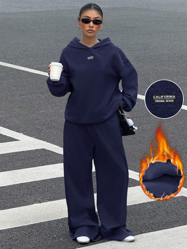 Muchica Conjunto de 2 piezas de sudadera con capucha y pantalones de chándal con forro térmico, de estilo casual y suelto, color azul marino, para mujer, de otoño/invierno