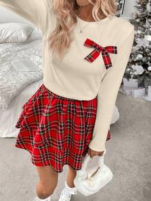 Chiquease 2pcs/Set Fitted Red Plaid Bow Accent Outfit, Suitable For Christmas, Autumn/Winter - Beige - View 6
