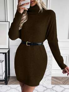 EMERY ROSE Women's Solid Color Turtleneck Batwing Long Sleeve Casual Loose Knit Sweater Dress, Autumn/Winter - Brown - View 3