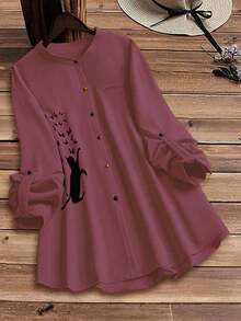 SHEIN LUNE Stand Collar Buttoned Placket Colorful Buttons Cat & Bow Graphic With Sleeve Tab Curved Hem Shirt Fall Cloth For Women - Rusty Rose - View 1