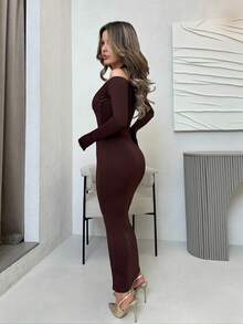 Jemour Solid Off Shoulder Bodycon Dress - Chocolate Brown - View 5