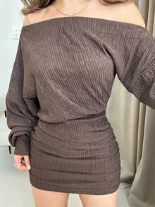 Jemour Damen Oversize Langarm Thermo Gestrickter Pullover Herbst Winter Damen Kleidung Langarm Boho Winter Kleid, Kälte Wetter Kleidung, Weihnachtsparty, Herbst Damen Kleider, Weihnachten Damen Kleidung, Party Damen Kleider, Abendkleid, Sommerkleid, Weihnachts Damen Kleid, Silvester Kleid, Elegante Damen Kleider, Off-Shoulder - Kaffeebraun - Übersicht 3