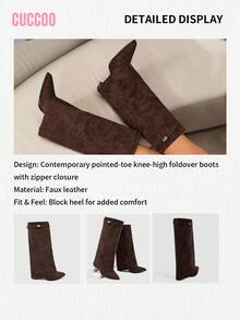 CUCCOO SZL Women's Pointed Toe Chunky Heel Suede Western Boots With Fringe, Slim Fit Tall Boots