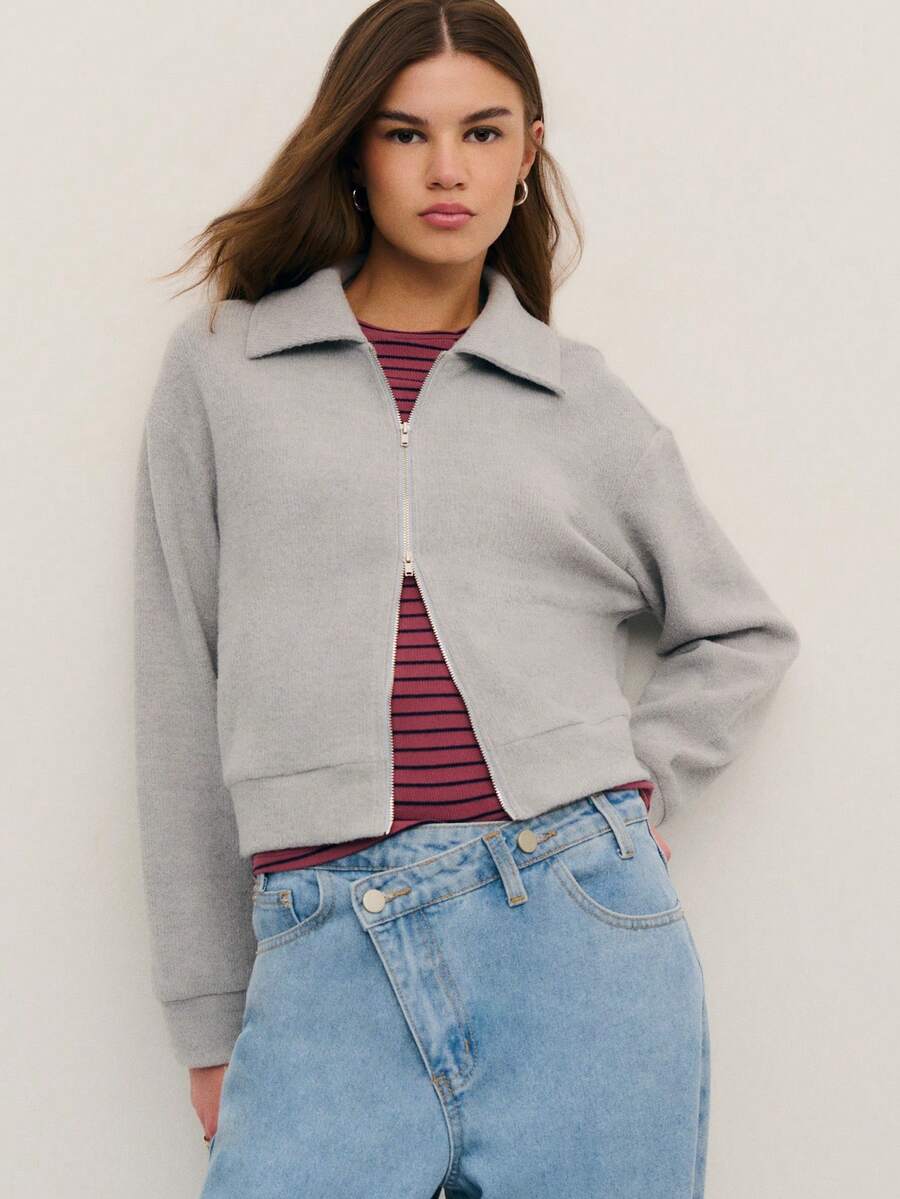 Nöista Light Grey Soft Knit Zip-Up Jacket For Women,High Collar Cozy Autumn Casual School Back-To-School Layering Piece,Elegant Thanksgiving Holiday Styling - Grey - View 1