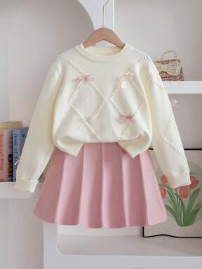 SHEIN Ensemble 2 pièces tricoté pour préadolescentes, pull mignon avec nœud 3D et jupe plissée, adorable et élégant, pour l'hiver
