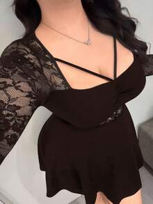 Flirla Vibekara 加大码女式性感派对蕾丝拼接 A 字长袖褶皱胸围优雅复古浪漫修身可爱简约连衣裙，适合日常穿着、返校、生日、派对、婚礼嘉宾、鸡尾酒会 - 棕色 - 查看 3