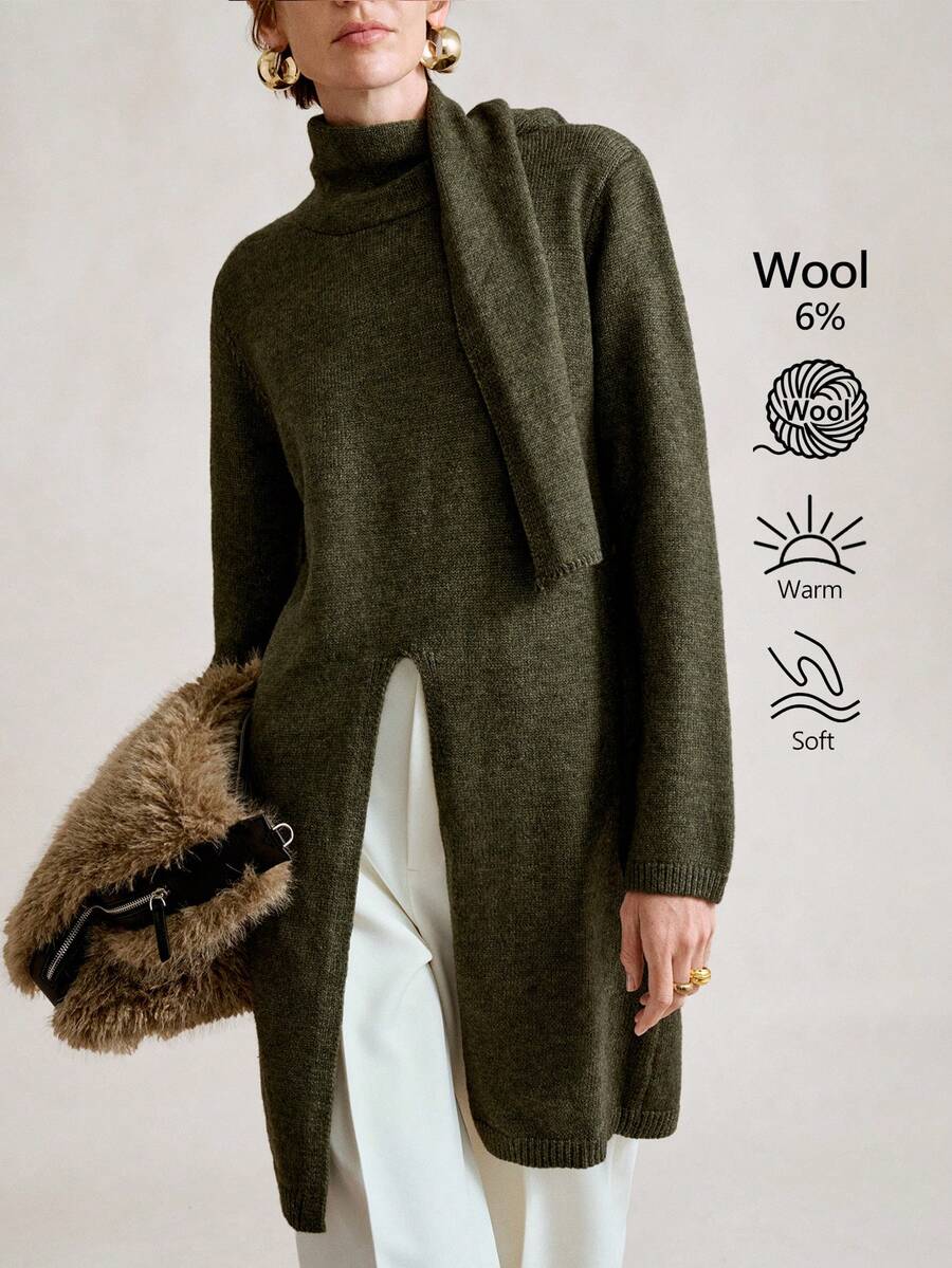 SHEIN Stylify Elegant Solid Color Sweater, Niche Design With Scarf, Mid-Length Solid Color Sweater, Simple Vintage Style, Suitable For Autumn/Winter Christmas Party, Outdoor And Home Wear - Green - View 1