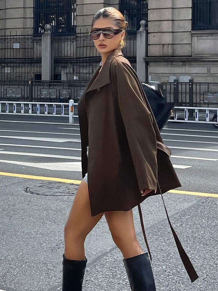 Women's Solid Color Minimalist Casual Long Sleeve Trench Coat