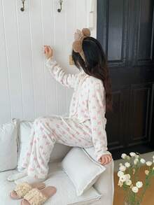 Teen Girl Flannel Bow Print Lapel Collar Long Sleeve Pants Loungewear Set - Multicolor - View 8