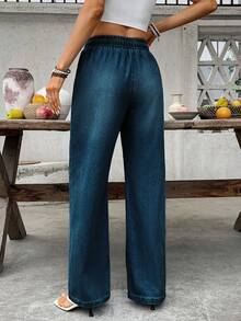 SHEIN Holidaya Women's Casual Everyday Commute Versatile Drawstring Waist Dark Blue Washed Loose Straight Leg Jeans - Dusty Blue - View 2