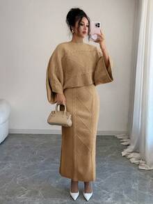 Elenzga Yellow Long Sleeve Top And Straight Skirt 2 Pieces Set, Elegant And Suitable For Party, Commute In Autumn/Winter - Khaki - View 3