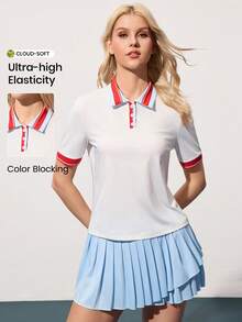 Gameset SHEIN Sport Camisa Polo Versátil de Tênis e Golfe com Colarinho de Botão em Cores Contrastantes - Multicolorido - Visão 3