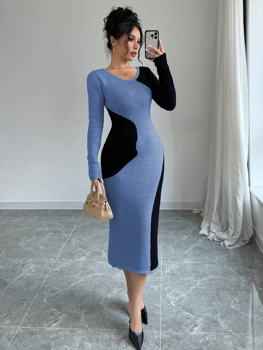 Elenzga Women's Elegant Colorblock Ribbed Knit Sweater Dress, Autumn/Winter - Blue - View 1