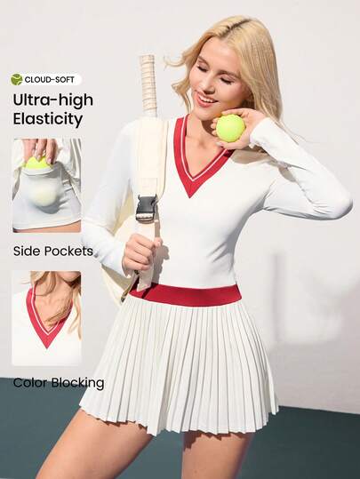 CourtClass Set de 2 piezas Vestido deportivo de manga larga con cuello en V y bloqueo de color, con pliegues en el bajo y bolsillos