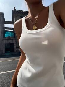 DAZY Women's Solid Color Round Neck Ribbed Slim Fit Casual Camisole - White - View 8