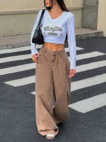 Rivivi Women's Low Waist Pocketed Pleated Loose Casual Flare Leg Jeans Winter New Year