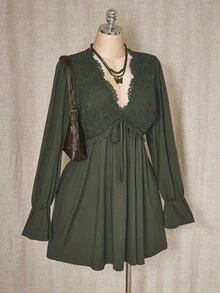 SHEIN ICON 女式大码休闲纯色蕾丝拼接迷你连衣裙秋季布料