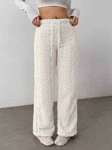 Flirla Women's Solid Color Drawstring Straight Leg Casual Fleece Warm Pants - White - View 7