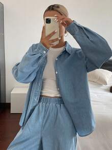 Livesso Bộ 2 món áo sơ mi dài tay cài nút phía trước màu trơn dành cho nữ và quần jeans - Rửa nhẹ - Xem 4