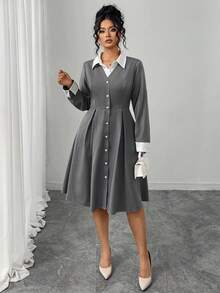 SHEIN Elenzya Plus Size Women's Business Commute X-Shaped Collar Contrast Color Long Sleeve Elegant Elegant Dress - Multicolor - View 5