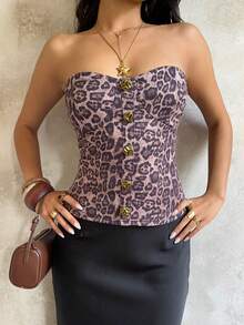 SHEIN Unity Women's Leopard Print Bandeau Top, Fashionable Outdoor Street Style Sexy Nightclub Metal Buckle Decor, Autumn - Multicolor - View 3